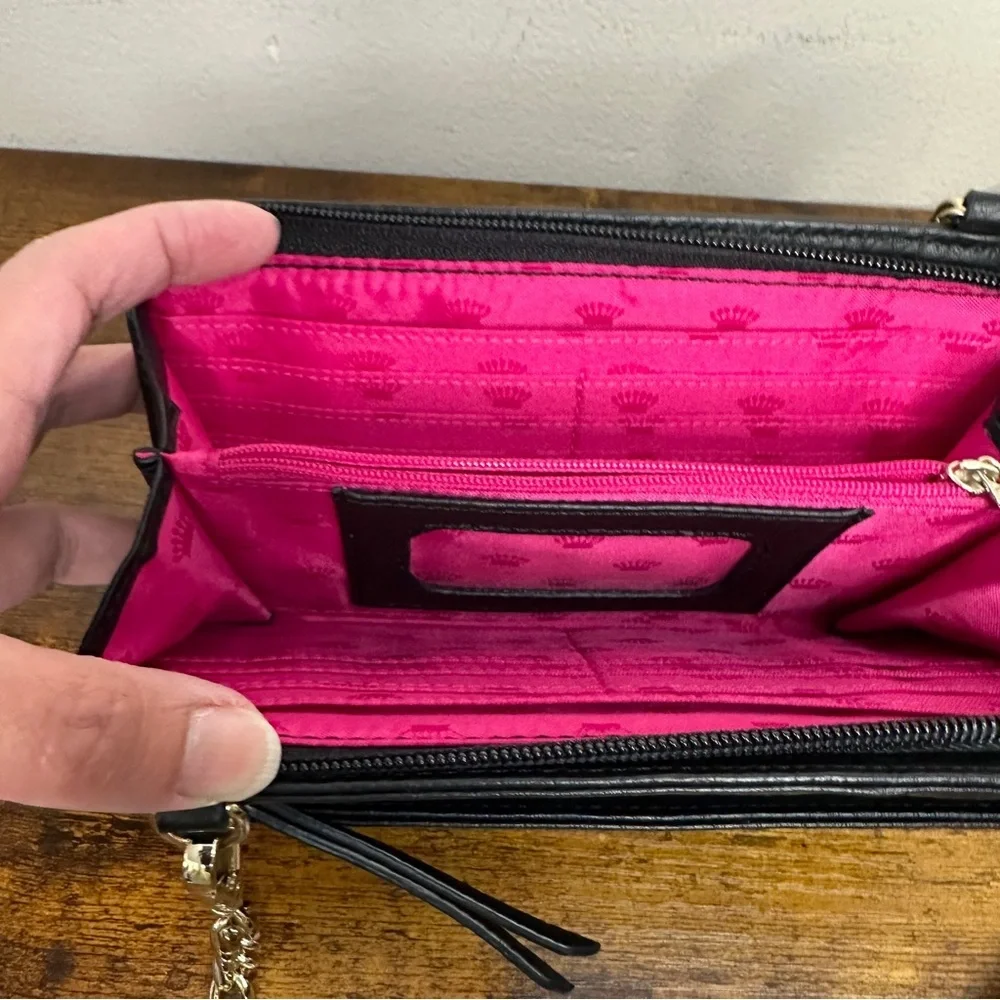 Juicy Couture Black Ruched Crossbody Wallet Purse Hot Pink Interior Crown Logo